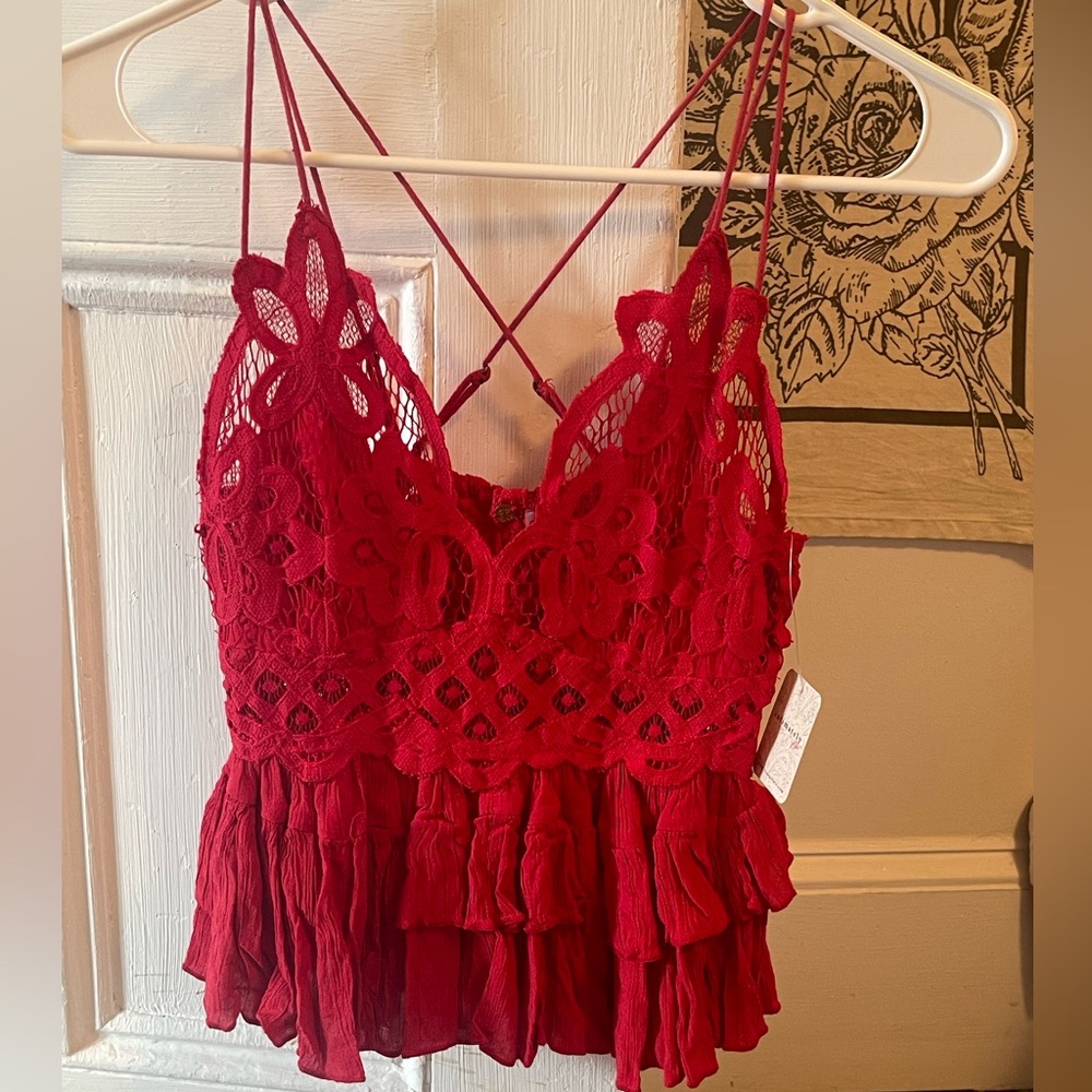 ❤️ BOGO ❤️ Free People Adella Strappy Lace Bodice Peplum Camisole in Cherry Red - Picture 8 of 10